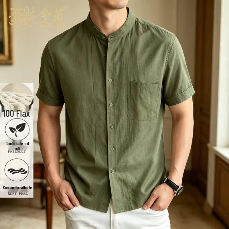Men s Premium 100% Linen Short-Sleeve Stand Collar Shirt 2XL