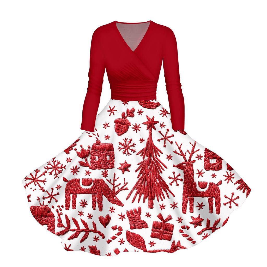 Abito casual da donna con scollo a V, maniche lunghe, stampa natalizia retrò, autunno