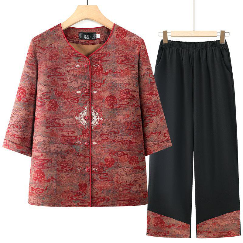 

Summer Outfit Set for Mature Women: Grandma s 3/4 Sleeve Two-Piece with Pocketed Top XL (Recommended for 80-100 lbs)