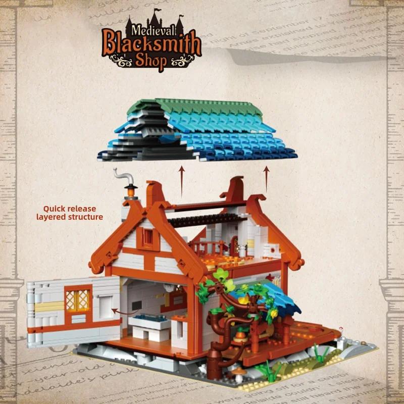 1707PCS Medeltida Smedja Byggklossar Europeisk Gatuvy Klossar Modellset Med Ljus Barn Pedagogisk DIY Leksak Gåva