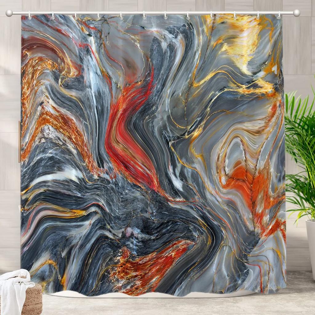 Marble Shower Curtain, Modern Abstract Bath Curtain for Bathroom Bathtub, Luxury Watercolor Marble Ink Shower Curtain with Hooks