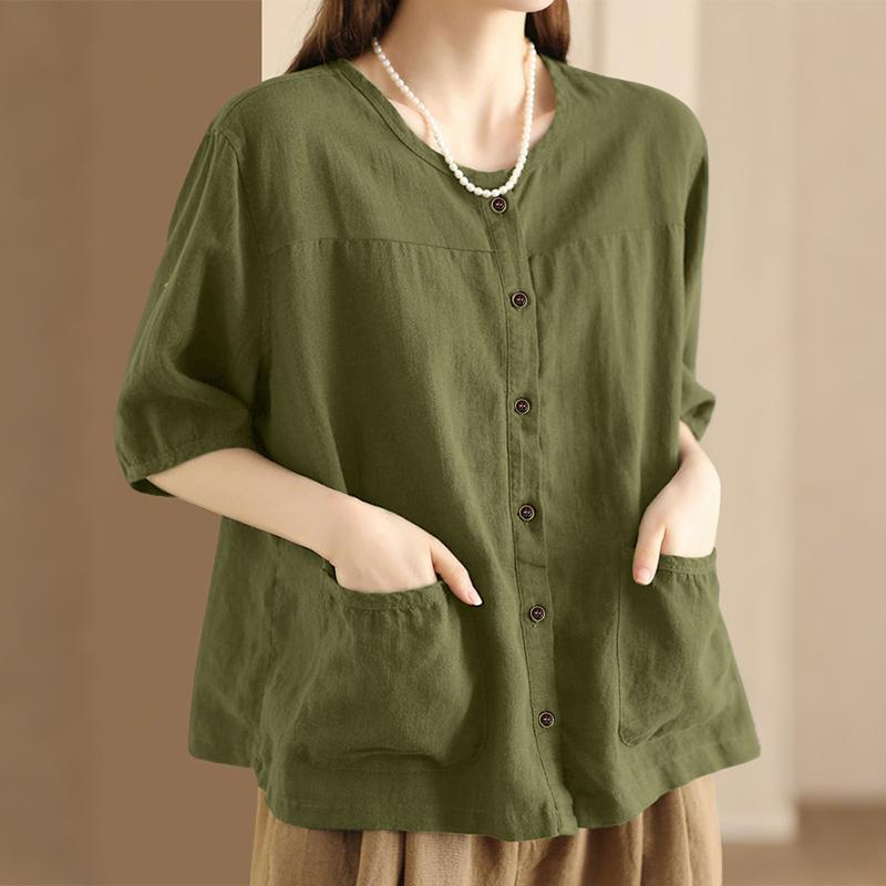 ZANZEA Women Casual Round Neck Short Sleeve Patchwork Pockets Blouse