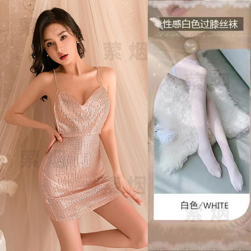 Deep V breast suspender nightdress hot sexy flash nightdress uniform suit halter cos hip skirt