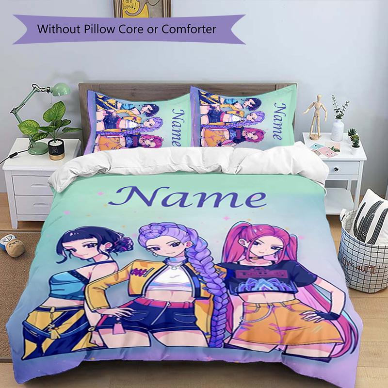 3pcs KPop Demon Hunters12 Cover Set - Personalized Name, HD Printed Bedding with 1 Cover and 2 Pillowcases - Perfect for Home Decor, Easy Care