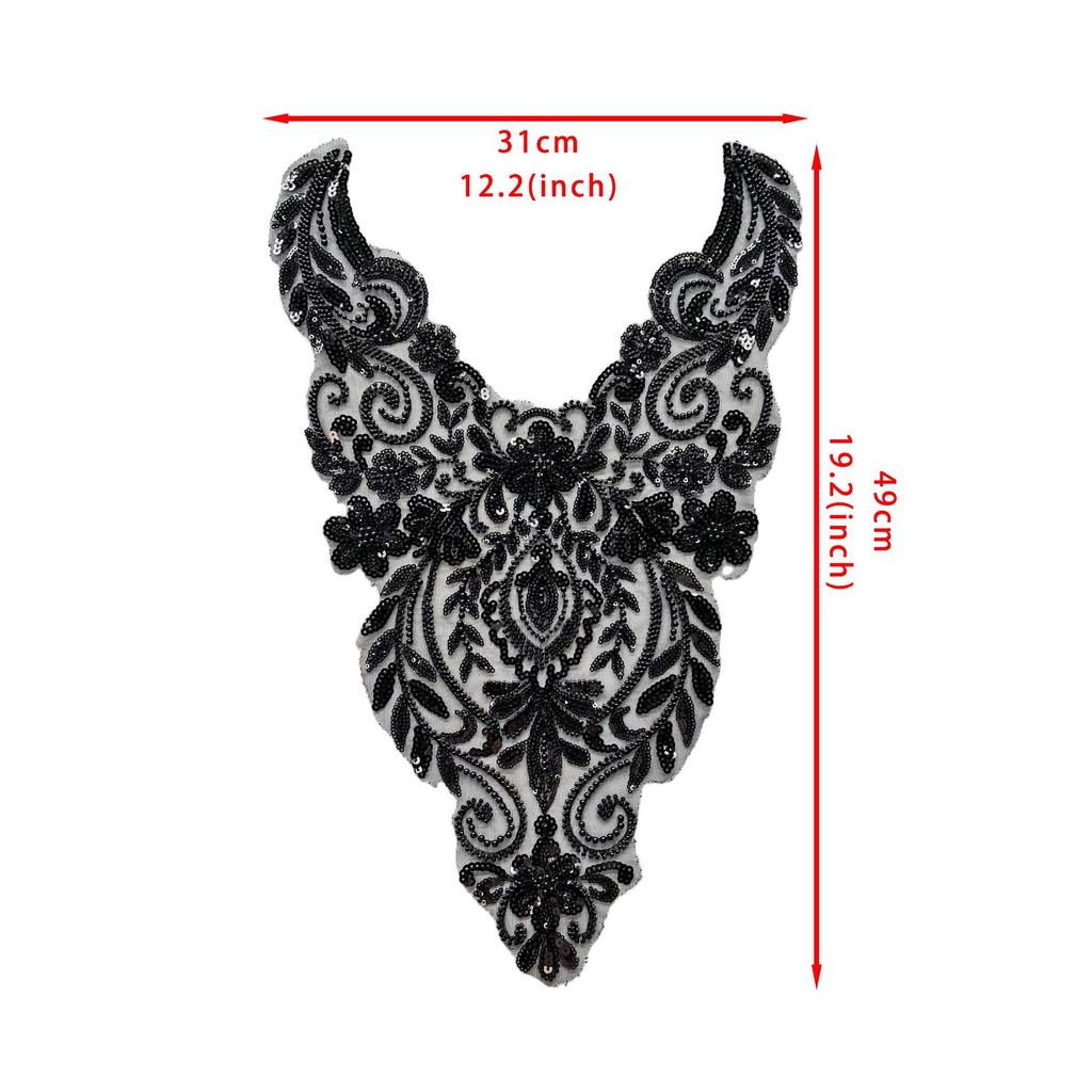 Black Mesh Beaded Sequins Front Collar Cloth Sticker Clothing Evening Dress Wedding Dress Performance Dress Decorative Patch Cloth Sticker Accessories