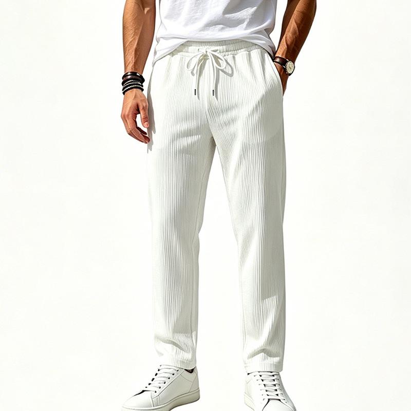 Mens Loose Straight Ribbed Jacquard Casual Drawstring Jogger Sports Pants S белый