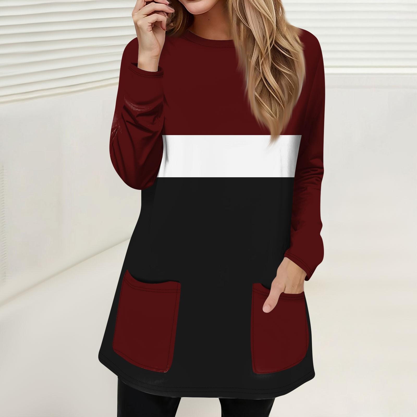 

Жіноча модна повсякденна футболка-пуловер з круглим вирізом і кишенею в смужку в стилі печворк з принтом і довгим рукавом XL винний