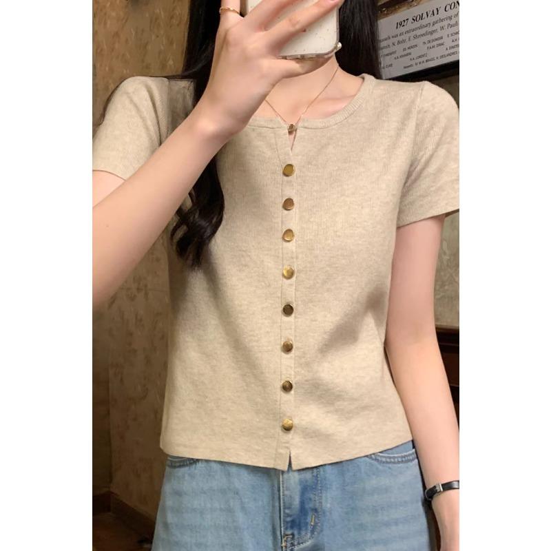 Korean Fashion Short Sleeved Cardigan Knitted Sweater Women Single-breasted V-neck Summer Tops Slim Fit Casual Office Elegant Coats Clothing