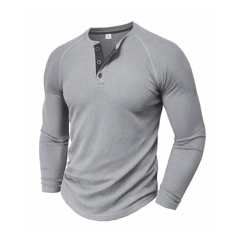 Męskie koszulki polo henley z dzianiny waflowej, z długim rękawem, gładkie, codzienne, sportowe, topy
