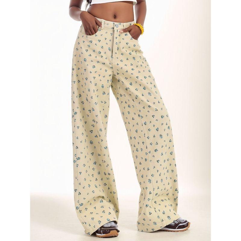 

Retro Hong Kong Style Fresh Floral Straight-Leg Pants Women s New Arrival Slim Looking Loose Wide Leg Denim Jeans Khaki XS