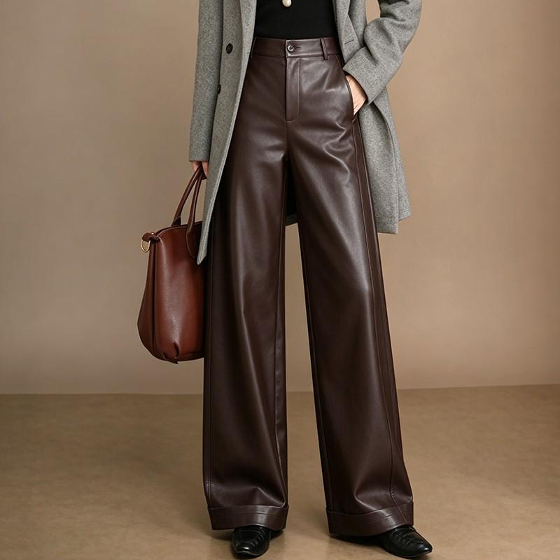 Womens High-Waisted Wide-Leg Cropped Pants PU