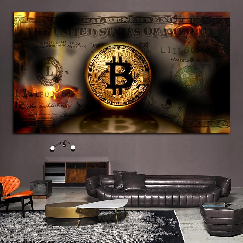 Abstract Burning Bitcoin Canvas Painting Money Dollar Poster and Prints Wall Art Pictures for Living Room Home Decoration