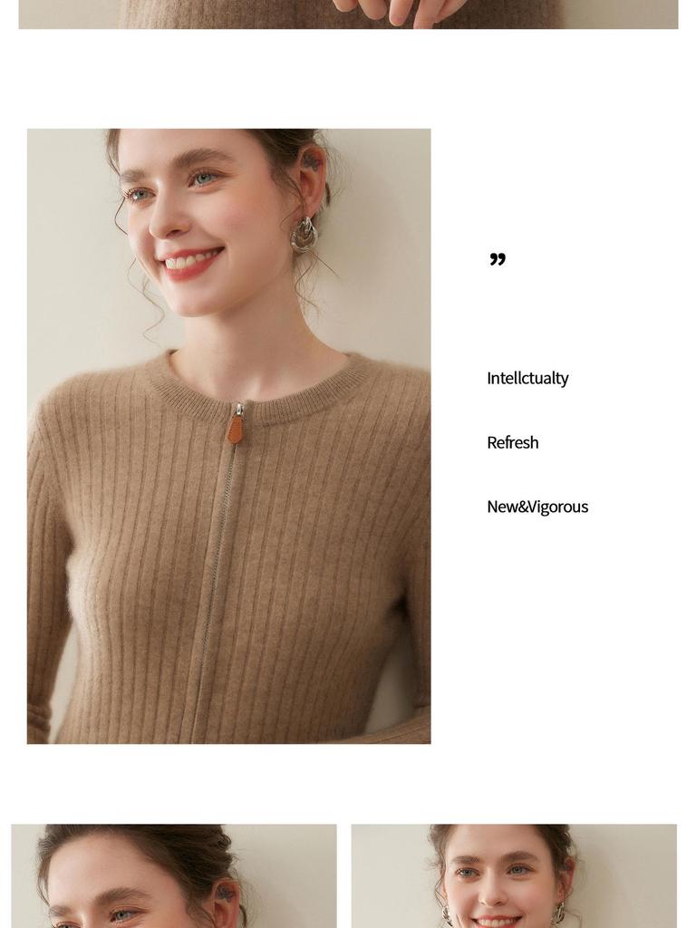 Fashionable Ribbed Cashmere Zipper Cardigan Sweater - Slimming Knit, Round Neck Wool Coat