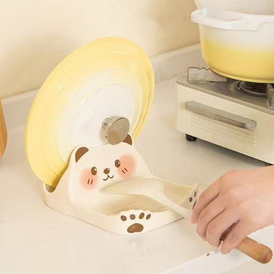 Decorative Kitchen Counter Organizer Cute Bear Pot Lid Holder for Countertop, Multipurpose ABS Plastic Spatula Spoon Rest, Easy Clean Cooking Utensils