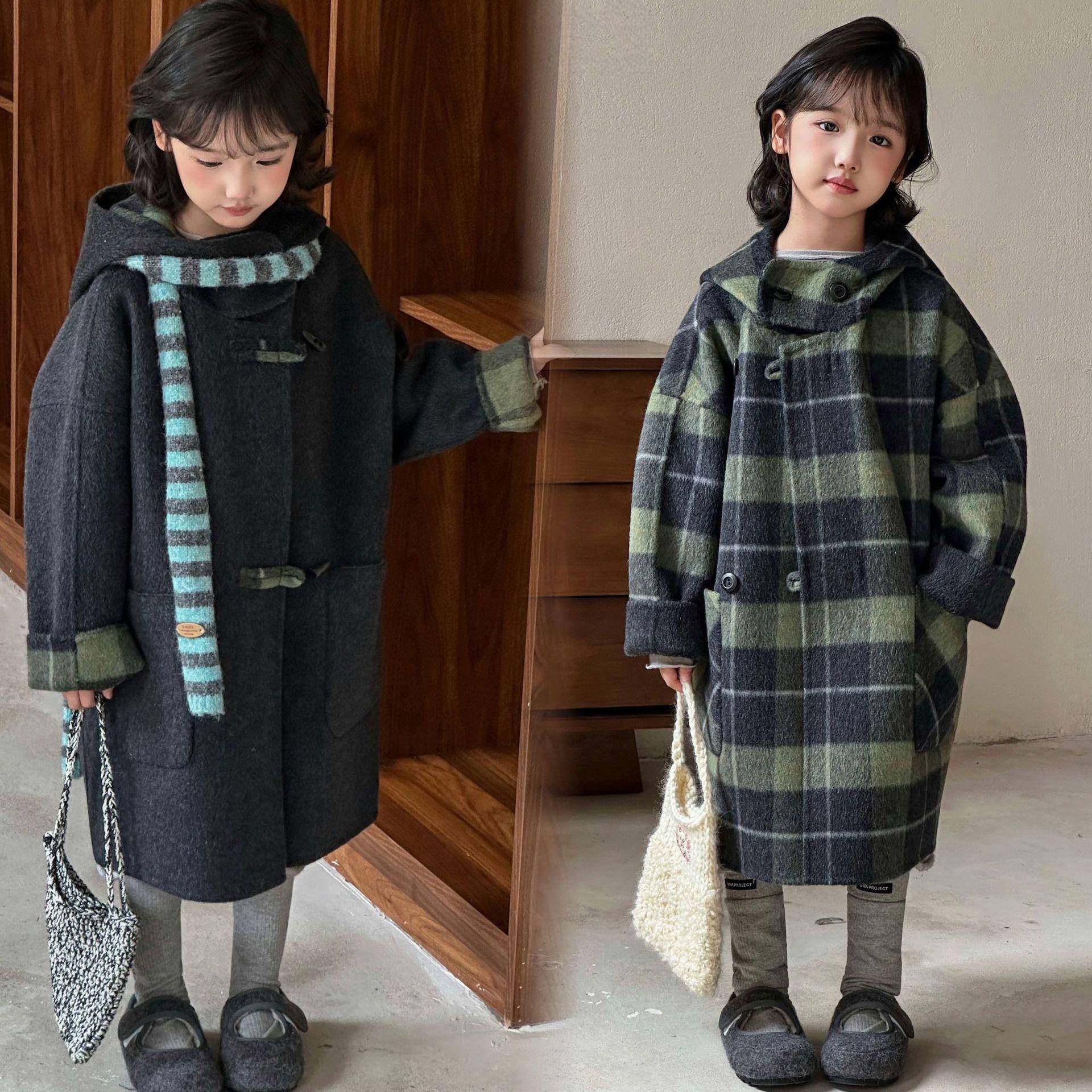

Korean Style Plaid Reversible Cashmere Wool Coat for Boys & Girls (2025) 130cm (for 123cm-133cm)
