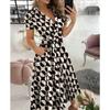HNXC Women's Fashion Summer Spring Solid Color Print Short Sleeve V-Neck Casual Dresses