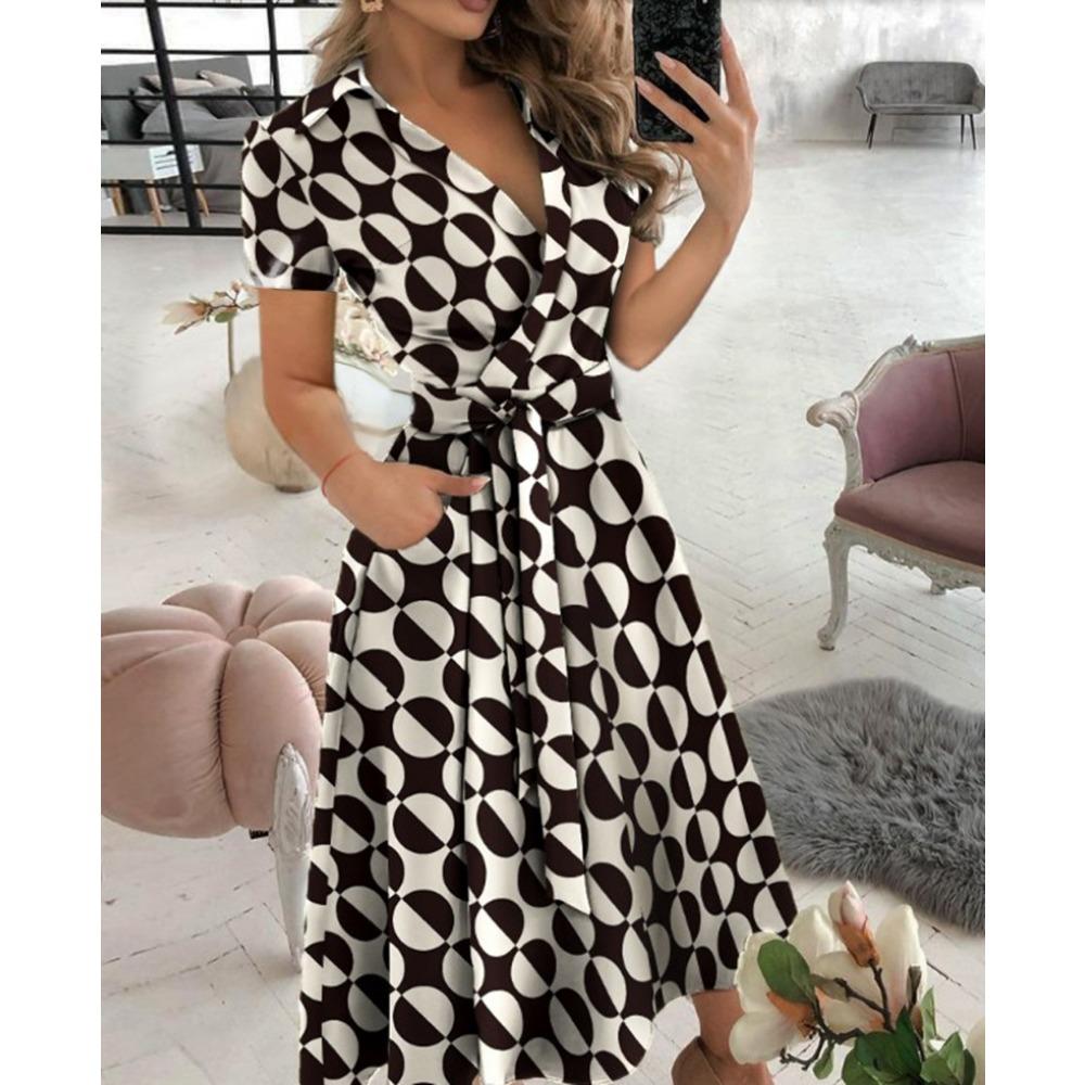 HNXC Women's Fashion Summer Spring Solid Color Print Short Sleeve V-Neck Casual Dresses