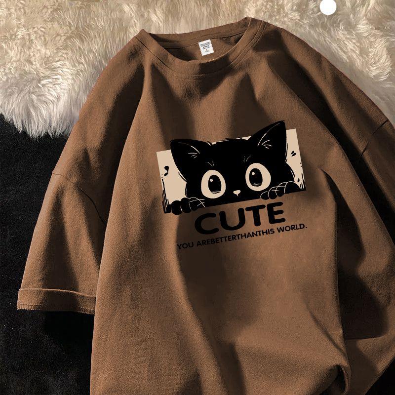 

Летняя женская футболка с милым принтом кота из хлопка, дышащая, с коротким рукавом 2XL