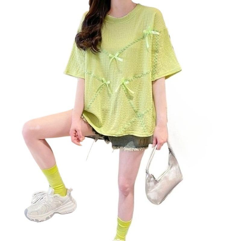 Women's Bow Decoration Design T-shirt Female Round Neck Short Sleeved Blouse Summer New Korean Sweet Loose Versatile Top