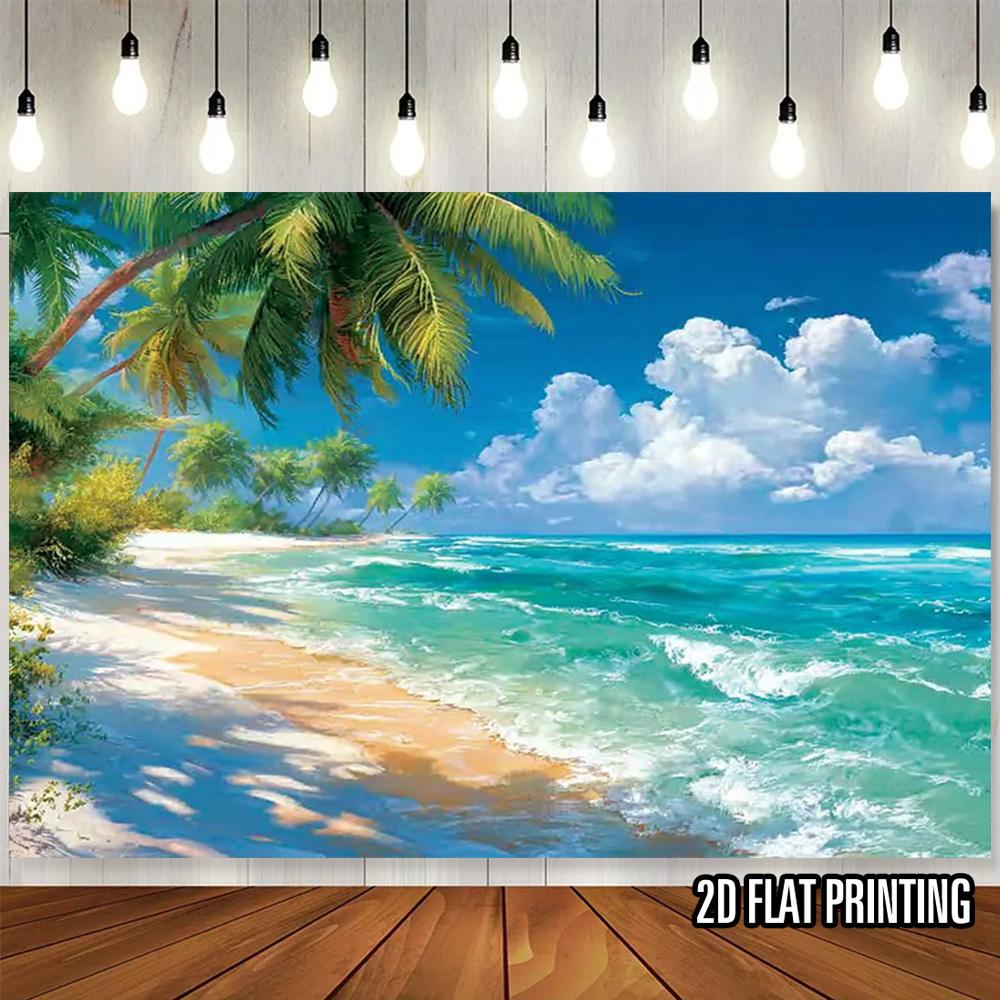 2D Plane, with a Background of Coconut Trees, Blue Sky, White Clouds and a Beautiful Ocean, Made of Polyester Fiber