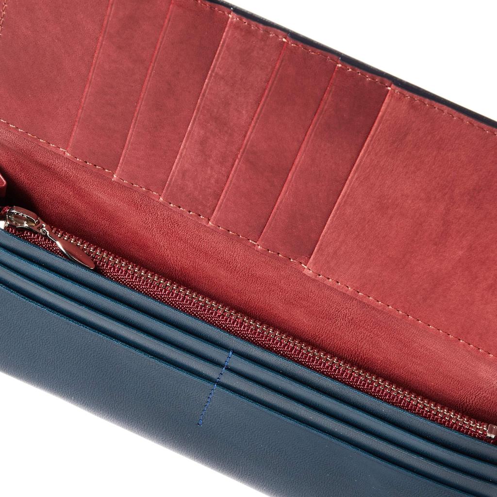 Tachiya Tochigi Leather Two-Tone Long Wallet with Internal Zipper, Navy Tochigi Leather