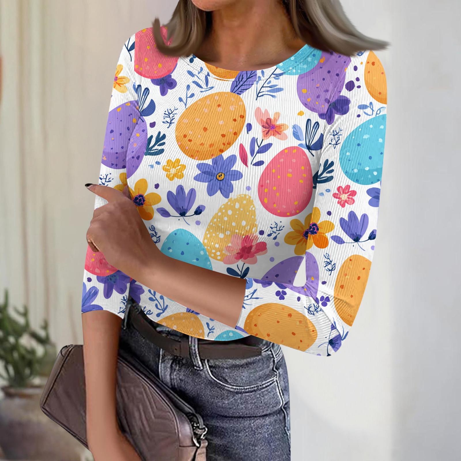 

Women s Casual Fashion Round Neck Easter Print Three-Quarter Sleeve Ribbed Top L