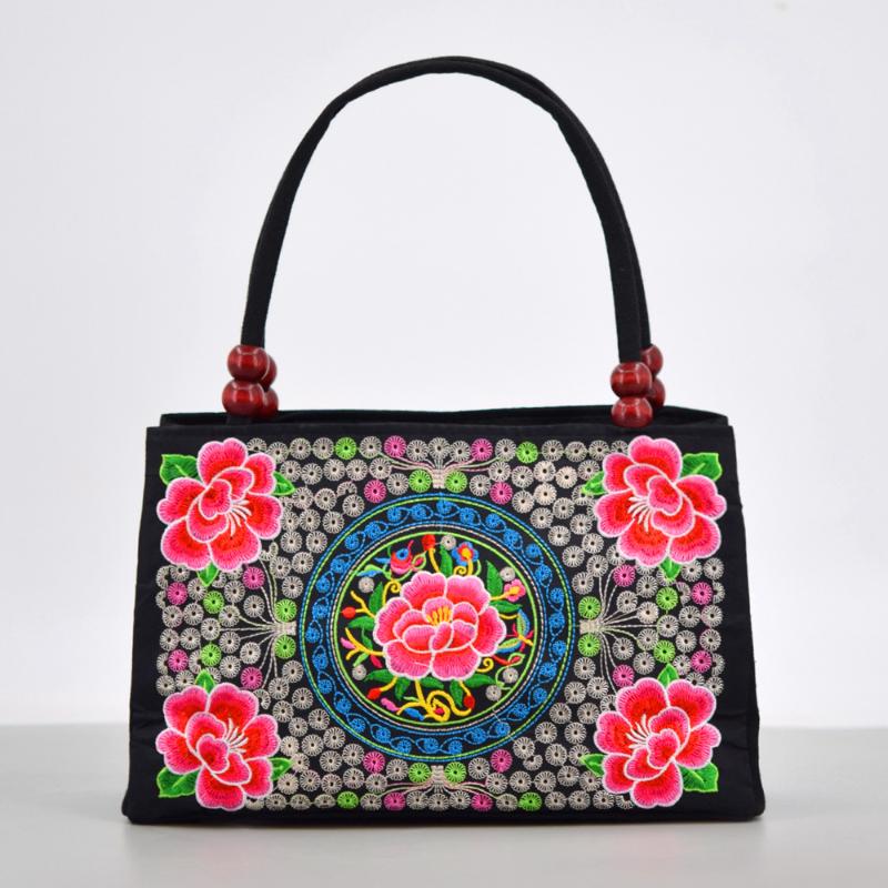Ethnic style double-sided embroidered handbag, wooden bead accessories, double-layer zipper portable canvas bag 27*10*18cm розовый