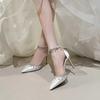 Comemore 2025 White Wedding Bridesmaid Shoes Satin Rhinestone Fringe Chain High Heels Black Temperament Elegance Pumps