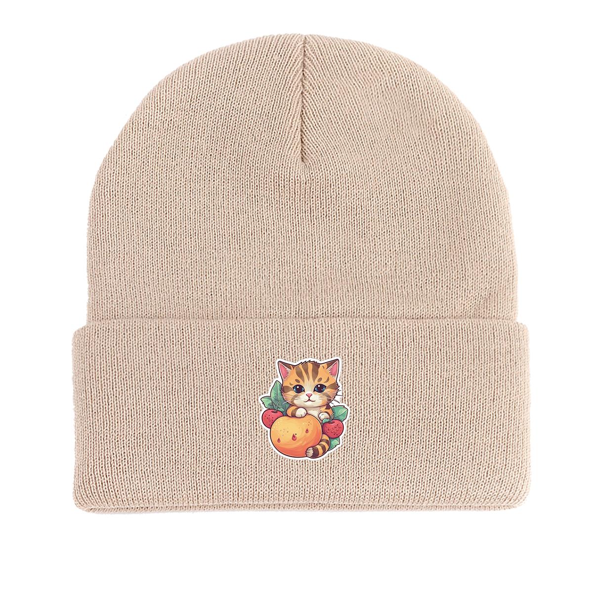 

Cat Fruit Print Knitted Cap Beanie, Skull Cap Cancer Chemo Fit Trendy Headwear Knit Hat Beanie as the picture бежевый