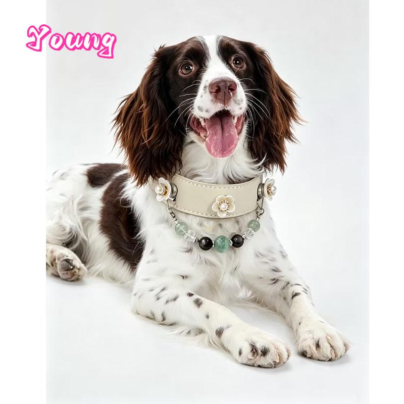 Luxury Leather Natural Crystal Charm Dog Collar Green Fluorite Double Cat's Eye Silver Obsidian Clear Quartz Beaded Pet Necklace
