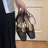 Sheepskin version~ Temperament gentle straps Baotou sandals women's summer wear empty and versatile medium heel square head Roman shoes