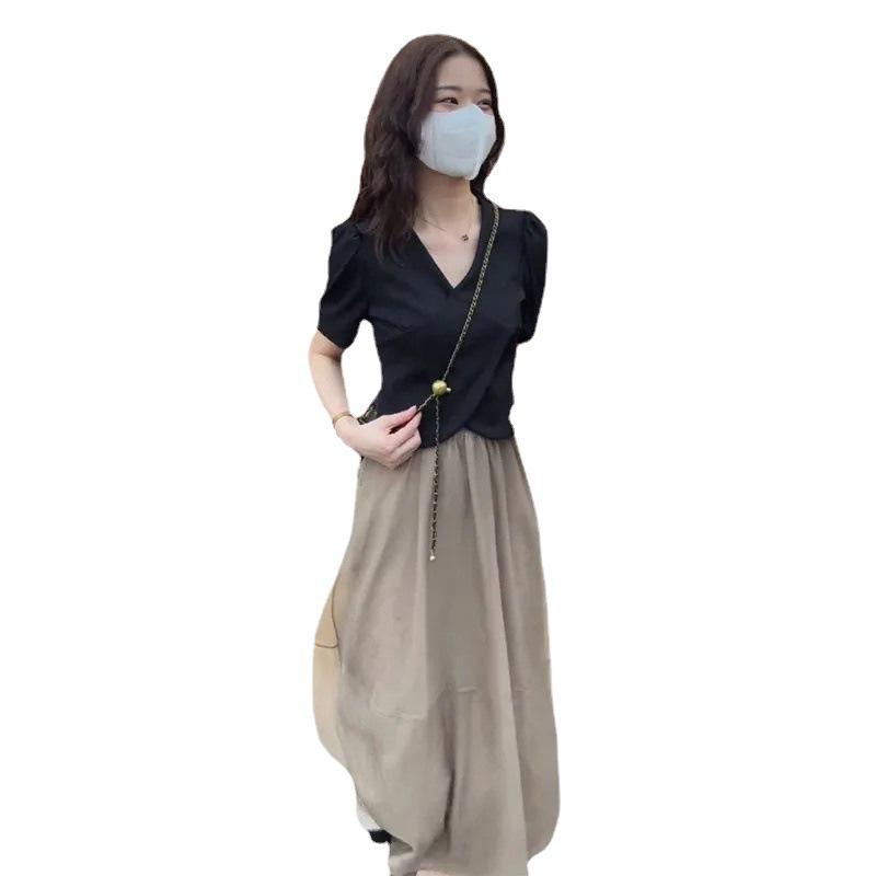 Influencer Women's Summer Two-Piece Set: Short Sleeve Crop Top & High Waist Midi Skirt