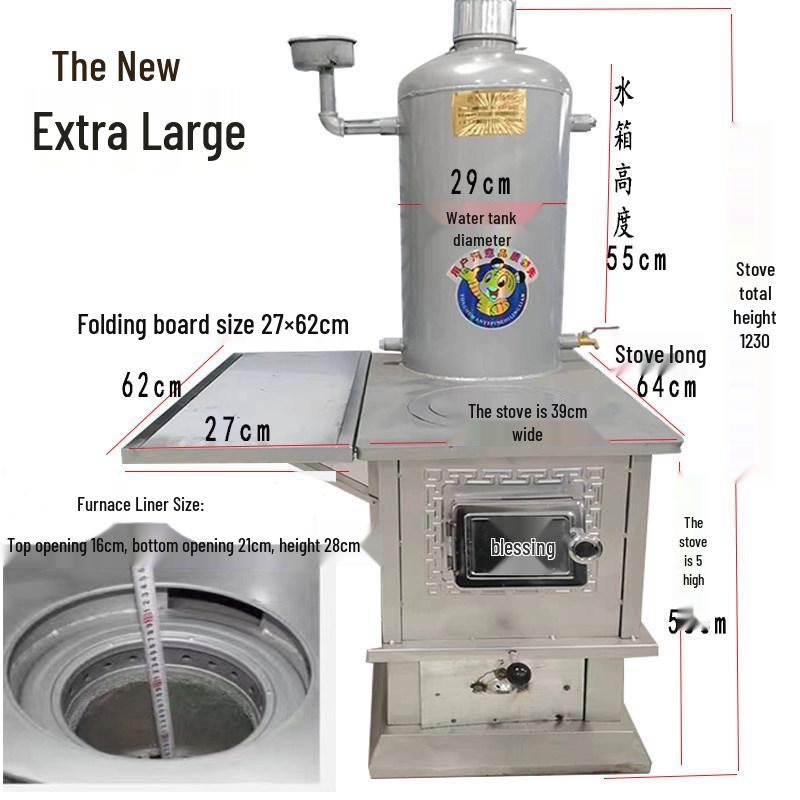 Indoor Coal-Burning Heating Stove with Chimney and Radiators, Includes Water Tank for Boiling and Cooking.
