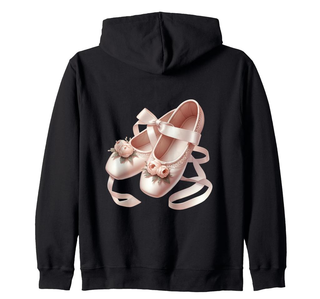 Lovely ballet slippers decorated with ribbons and peonies. Zip-up hoodie.