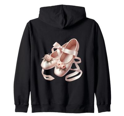 Preciosas zapatillas de ballet decoradas con cintas y peonías. Sudadera con capucha y cremallera.