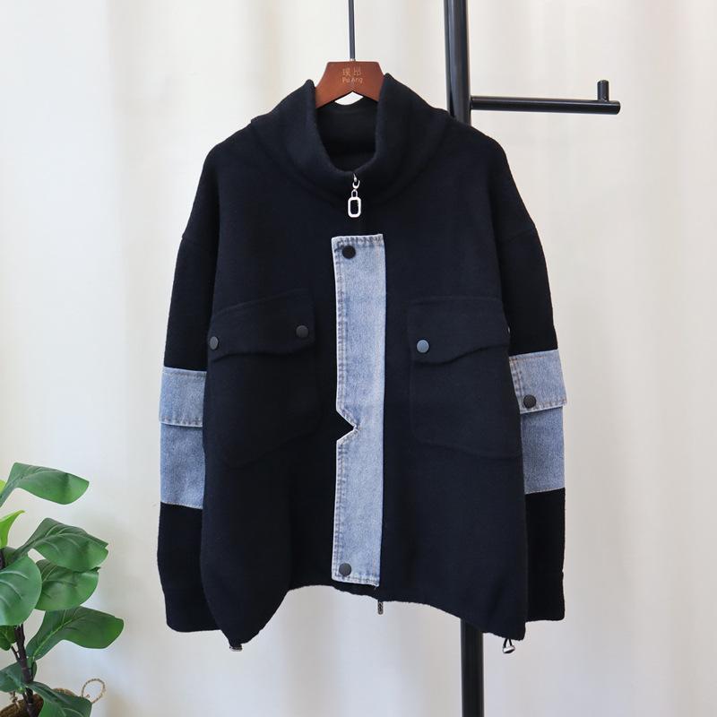 Autumn and winter new zipper denim splicing knitted double-sided woolen cardigan loose casual temperament sweater jacket women