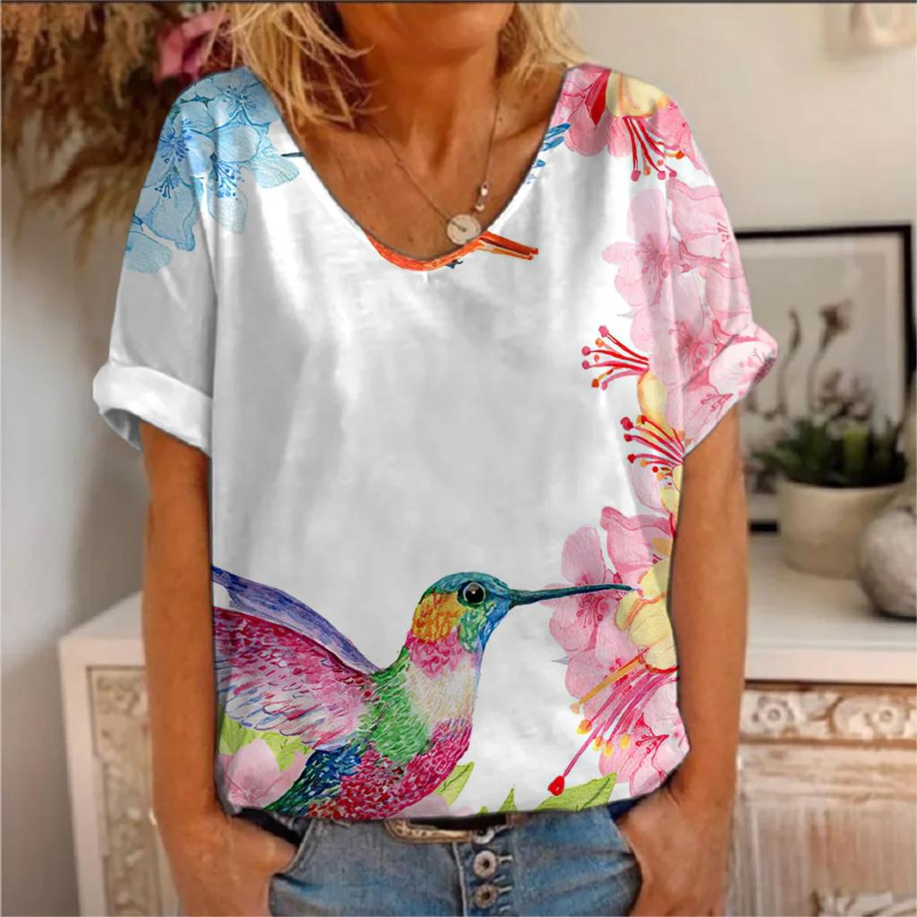 New animal bird 3d printing hummingbird t-shirt women's short-sleeved V-neck T-shirt women's clothing