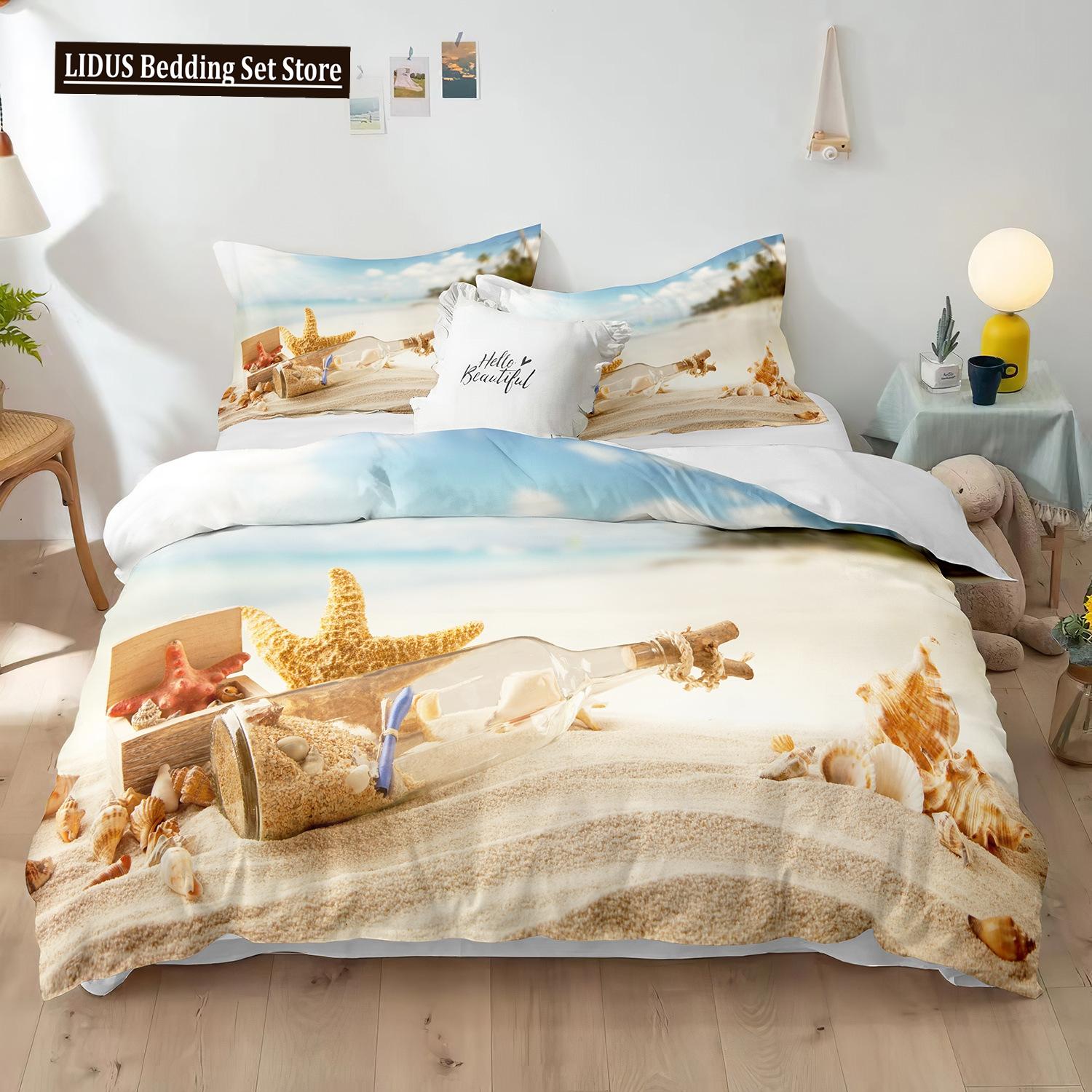 

Beach Duvet Cover Set Polyester Bedding Set With Ocean Starfish Drifting Bottle Print Pattern Comforter Cover For Kid Adult Boys US Full(200x230cm)