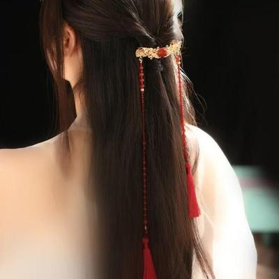 Versatile Red Tassel Hair Clip - Chinese Style Retro Accessories for Hanfu and Warring States Robe