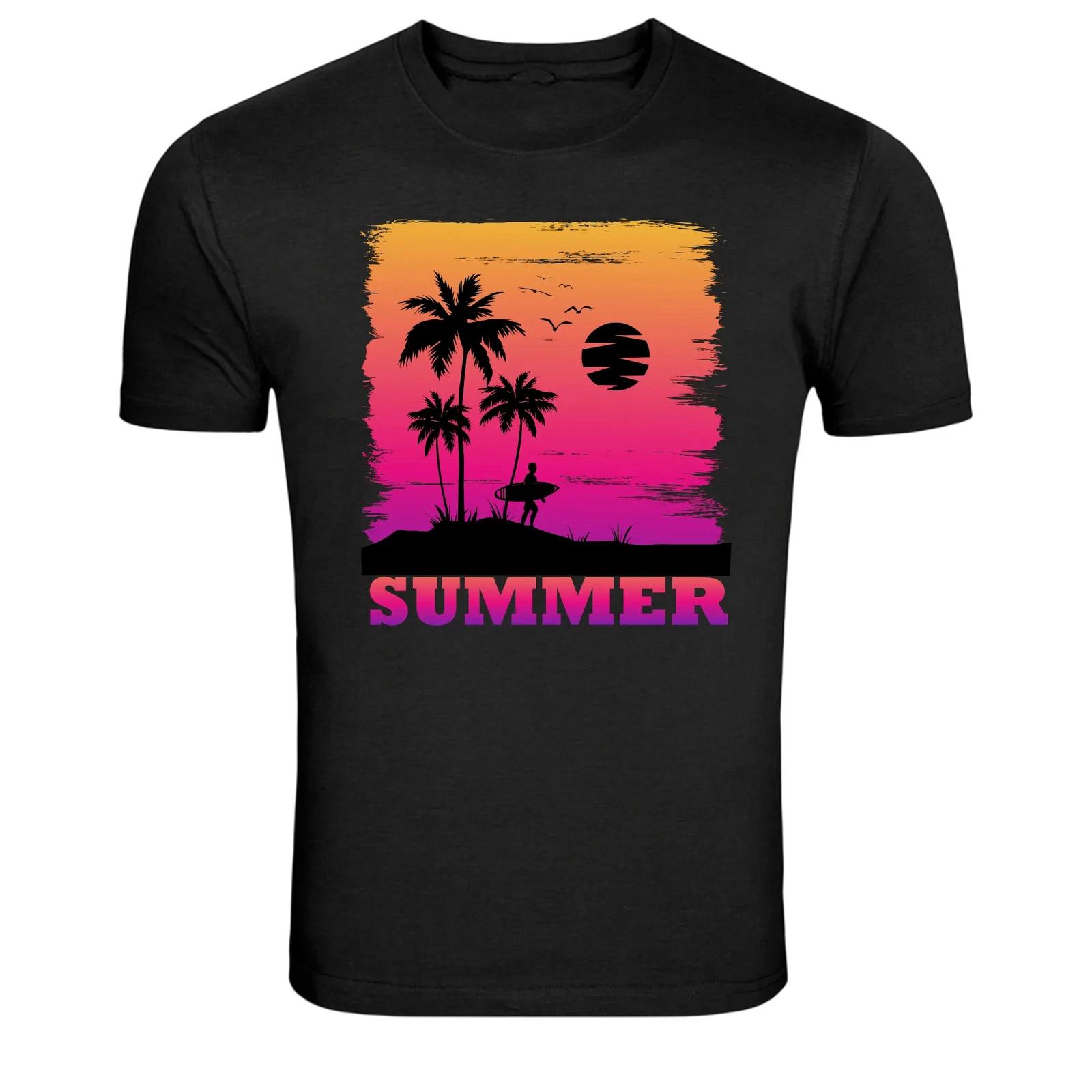 Summer Surf Beach Sunset Palm Trees Retro Graphic T Shirt L