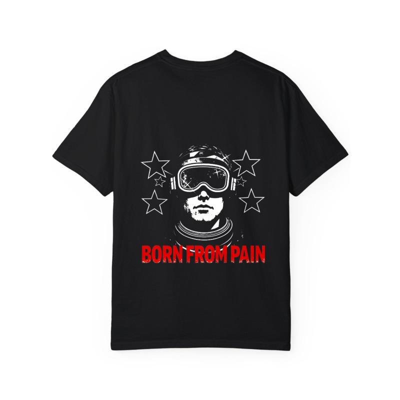 White T-Shirt Born From Pain Graphic Print with Helmet and Stars Design for Casual Wear
