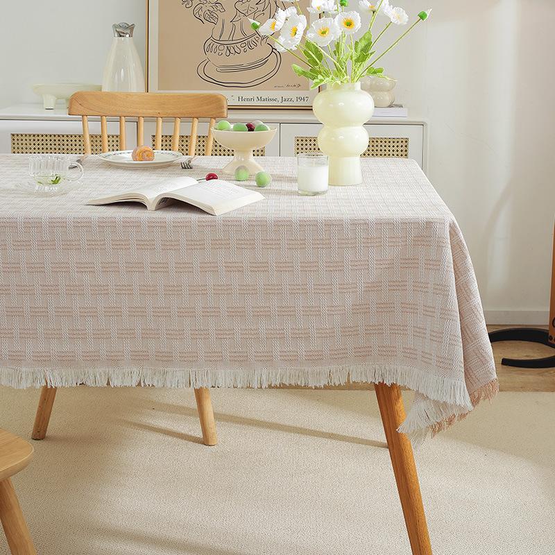 Französische Creme Baumwolle Leinen Tischdecke Waffelstruktur Rechteckig Esstischdecke Quastenrand Waschbar Bauernhaus Küche Couchtisch Abdeckung Dekoration