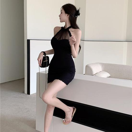 Summer Lace Hanging Neck Sleeveless Dress Waist Retraction Pure Desire High Waist Wrap Hip Skirt Slim Pleated Short Skirt Fashion Women's Wear