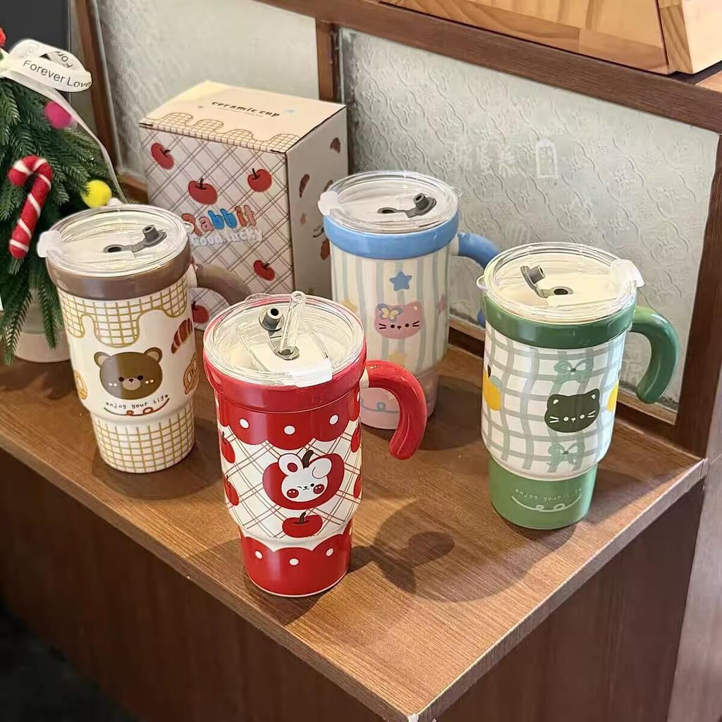 Straw Cup with Lid High Value Ins Mug Couple Ceramic Water Cup Large Capacity Birthday Gift for Girls