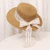 Hat women's summer sunscreen versatile top hat lace bow flat top wide brim straw hat travel photo seaside beach hat