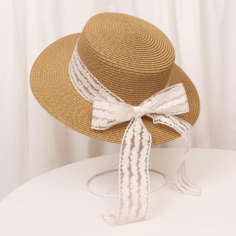 Hat women's summer sunscreen versatile top hat lace bow flat top wide brim straw hat travel photo seaside beach hat