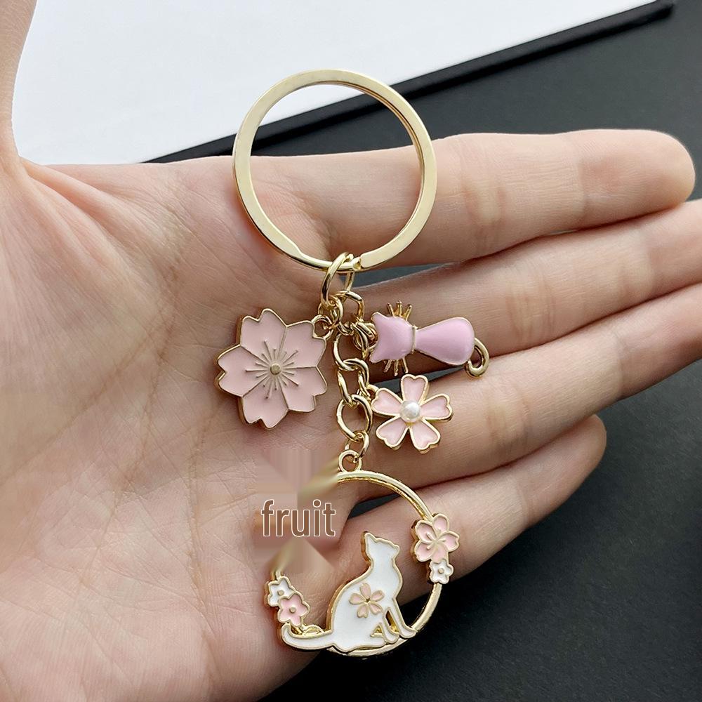 Cartoon Pink Cherry Blossom Cat Keychain with Pearl Flower Accent