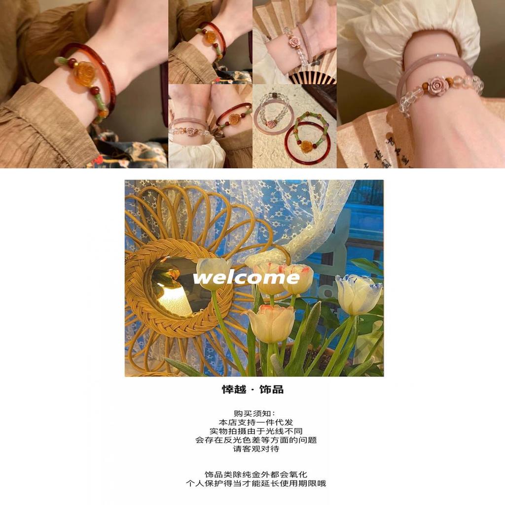 Chinese Elegant New Style Rose Flower Glass Beaded Bracelet For Women Handcrafted Vintage Jewelry Luxury