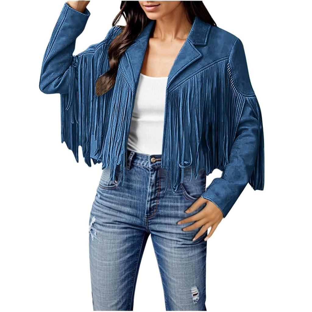 Women Faux Suede Leather Tassel Jackets - Vintage Lapel Open Front Cowboy Style Long Sleeve Tassels Cardigan Coat Tops