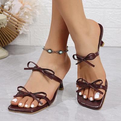 Sandalias de Tacón Alto con Tirantes Sexy Color Rojo Vino para Mujer Punta Cuadrada Lazo Verano Zapatillas Mujer con Tacón 2025 Elegantes Zapatos de Fiesta Boda 42